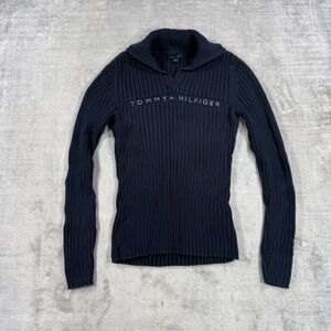 Tommy Hilfiger Sweater Women Small Blue Rhinestone Logo Ribbed Johnny Collar Y2K